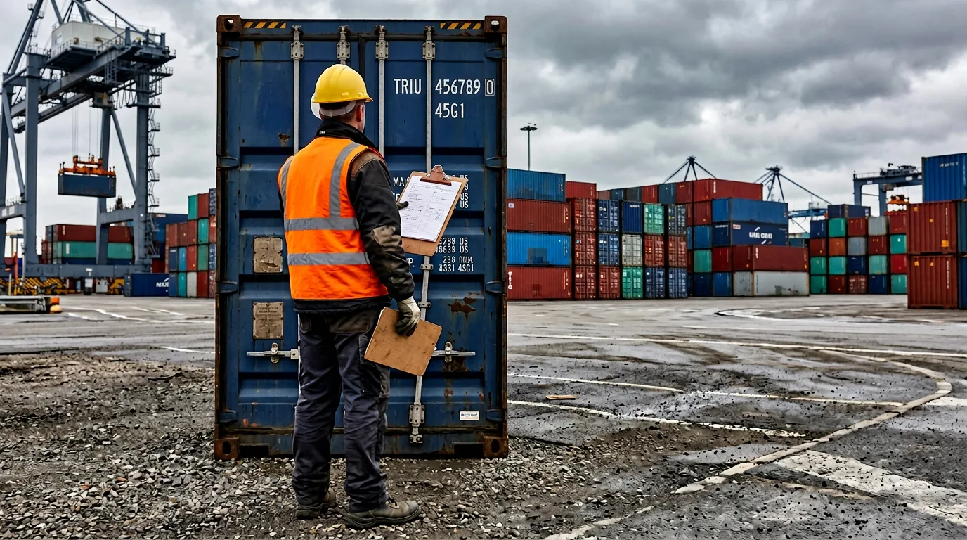 Industrial inspector in safety gear near a shipping container