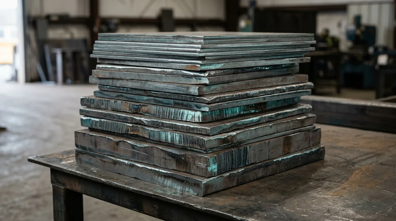 Stacked steel plates and heavy melt scrap showing thickness variation