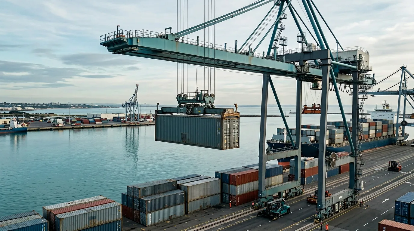Container crane loading a shipping container at a commercial port