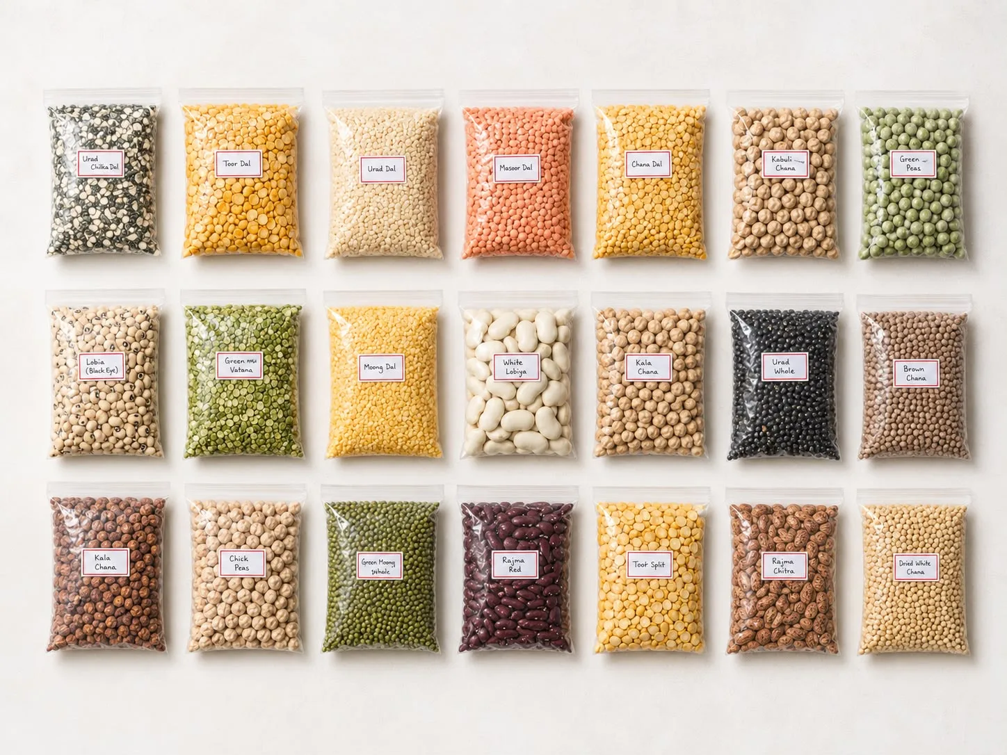 Bridgewares pulses sample packets — labelled bags of dals, chana, rajma, lobia and other Indian pulses prepared for buyers