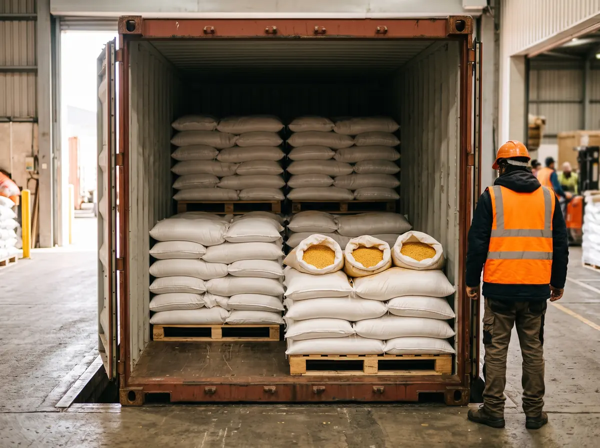 Sacks of split pulses stacked on pallets inside a 20ft shipping container